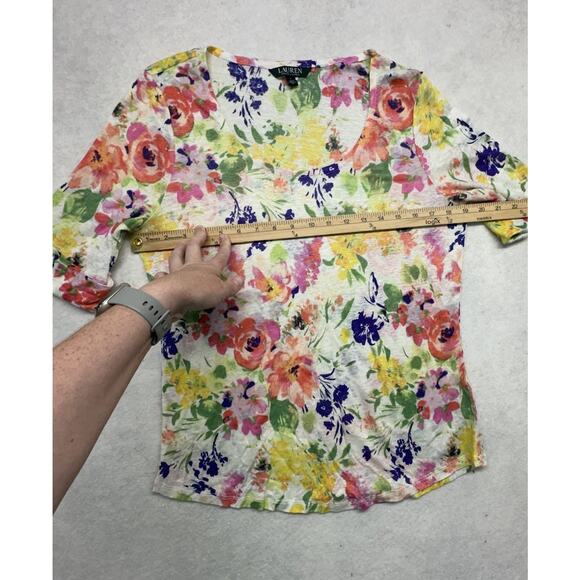 Lauren Ralph Lauren Womens Large Linen Blouse Multicolor Floral Top Cottage - Picture 4 of 6
